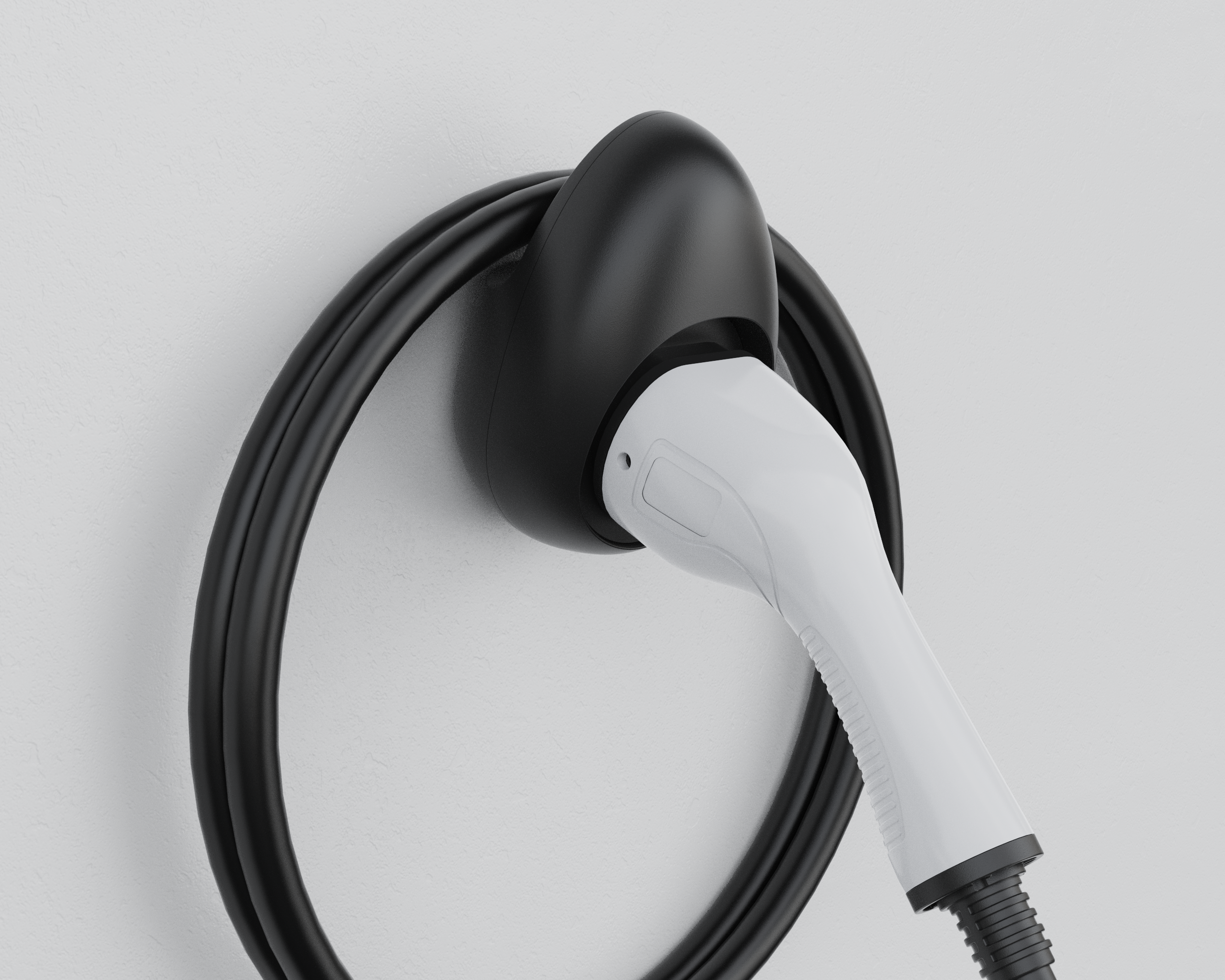 Soporte Cable EV – Pistola de carga EV blanca Tipo 2 encajada en el soporte negro de pared, cable colgando debajo | Carga EV | miio Store