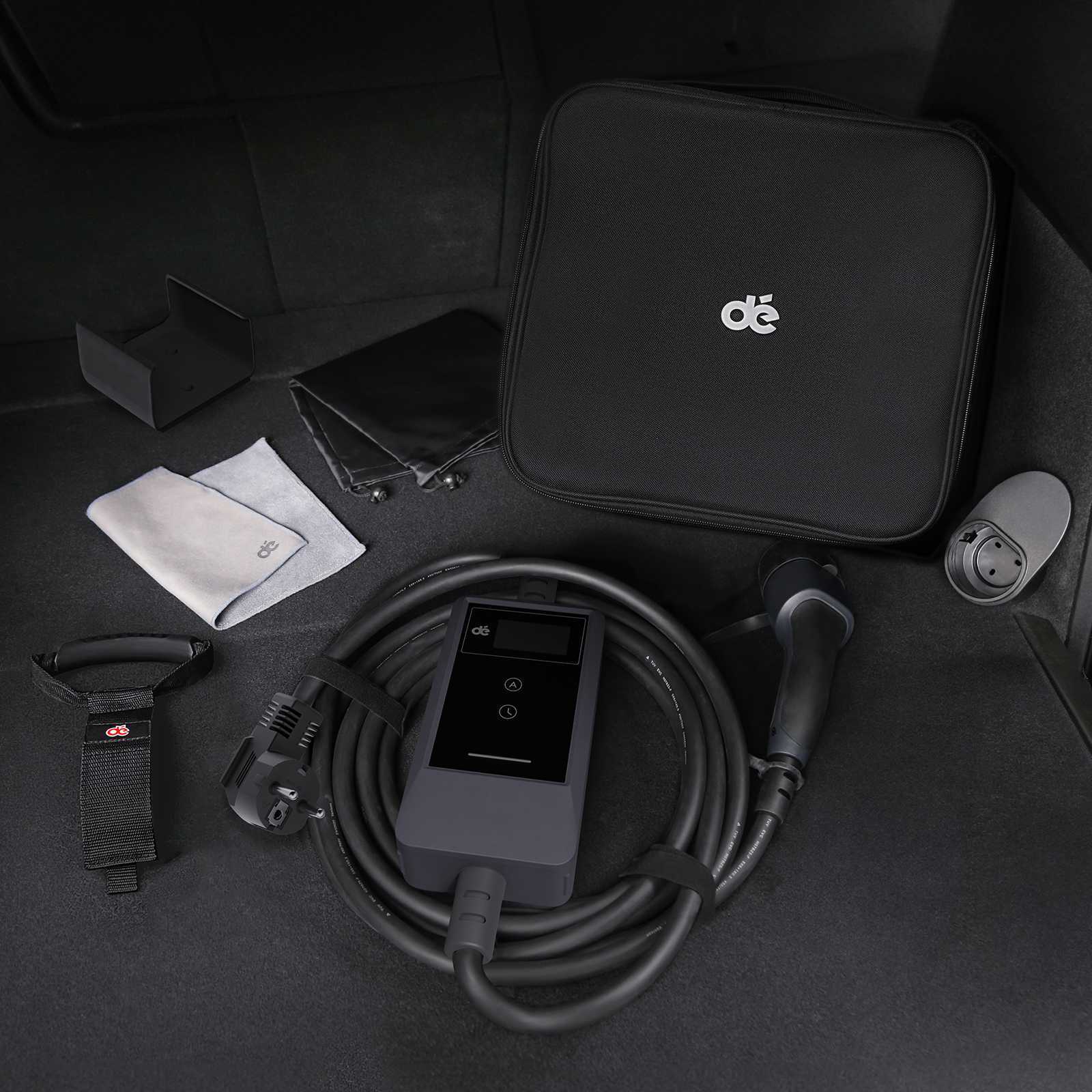 Cargador Portátil VE 3,7kW 7m – Cargador Inteligente para Coche Eléctrico con Pantalla, Enchufe Schuko y Soporte de Pared