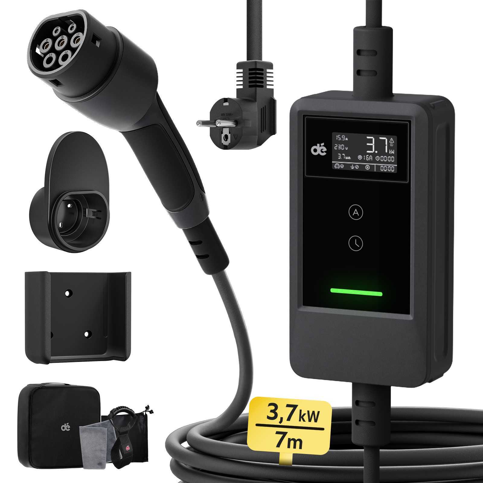 Cargador Portátil VE 3,7kW 7m – Cargador Inteligente para Coche Eléctrico con Pantalla, Enchufe Schuko y Soporte de Pared