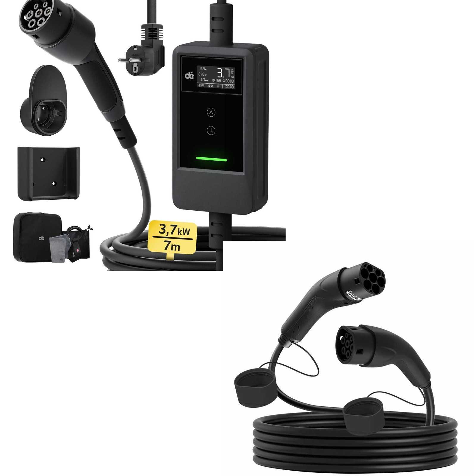 Cargador Portátil VE 3,7kW + Cable Tipo 2 – Kit Completo de Carga en Casa para Coche Eléctrico