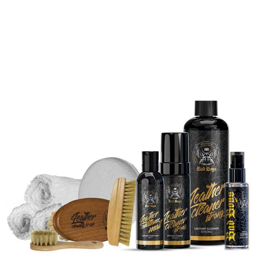 Leather Care Set PRO Strong – kit completo con limpiador, acondicionador y aplicadores