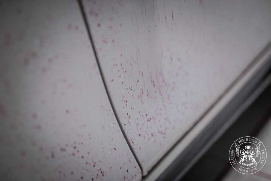 Primer plano de contaminación férrica en la pintura del coche antes de la descontaminación